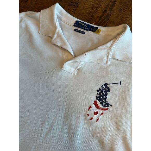 Polo Ralph Lauren Size Large White Collared American Flag Pony Custom Slim Fit - Picture 2 of 8